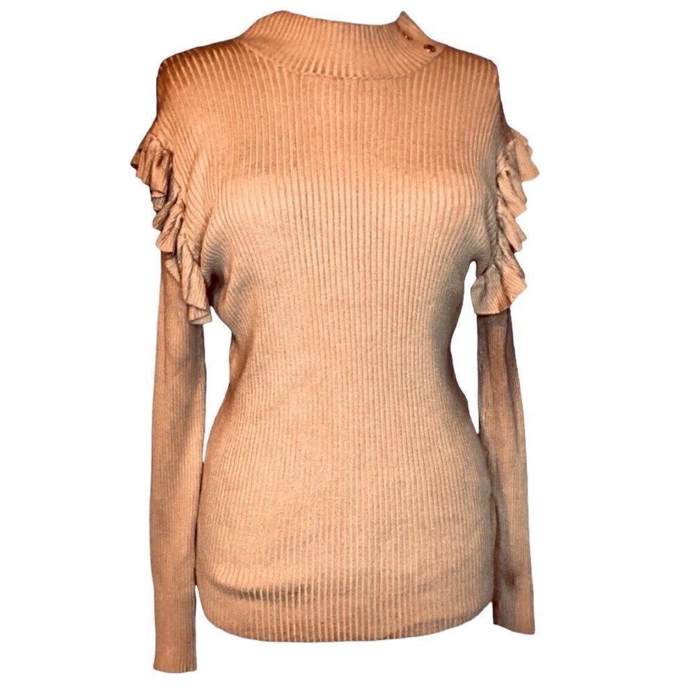 NWT Anne Klein Women’s Long Sleeves Sweater Khaki Caramel Large Tan Gold Buttons